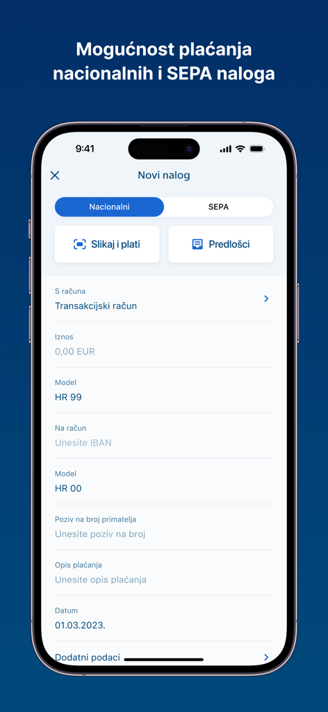 Erste mBanking app interface for national and SEPA payment orders featuring Scan and Pay and transaction details.
