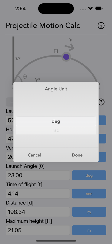 Projectile Motion Calc - Angle unit selection menu in the Projectile Motion Calc app showing options for degrees and radians.