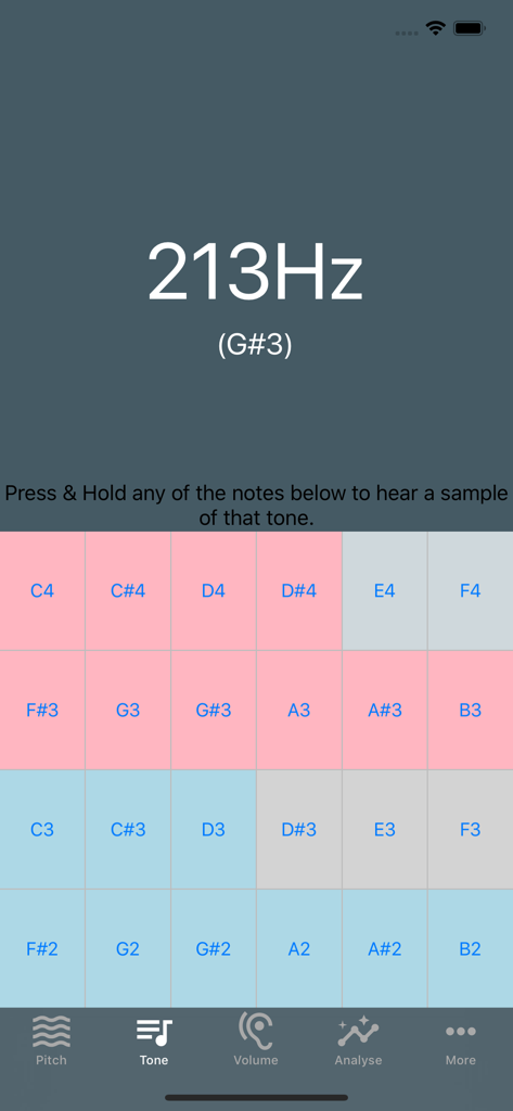 Voice Tools 앱 톤 탭에 213Hz의 실시간 피치와 음성 훈련을 위한 음표 그리드가 표시됩니다.