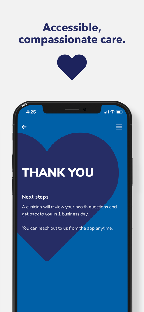 Tela de agradecimento do aplicativo Planned Parenthood Direct confirmando o envio da solicitação de saúde
