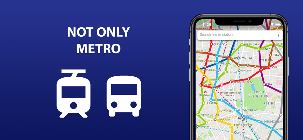 Captura de pantalla de la aplicación móvil que muestra el mapa de transporte público de Múnich con íconos de tranvía y autobús y el texto "No solo metro".