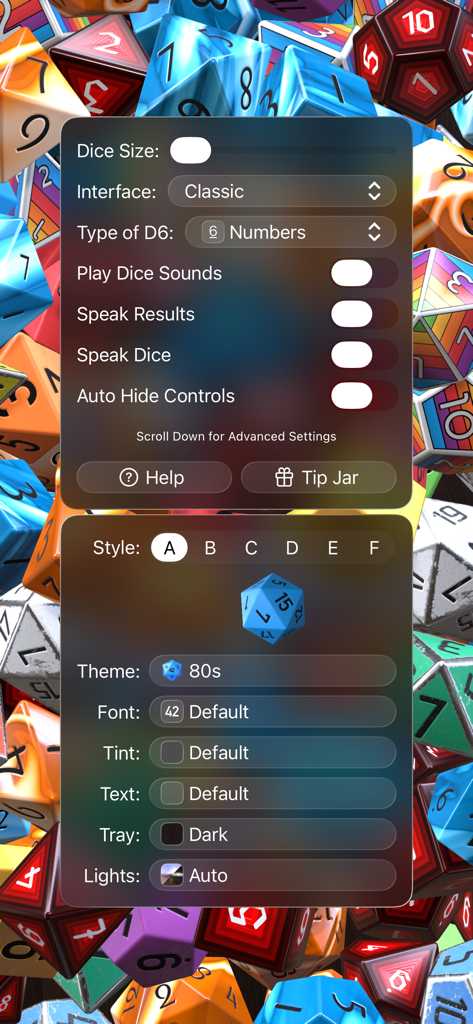 Interface of the Dice by PCalc app showing customization settings for 3D dice themes and accessibility options.