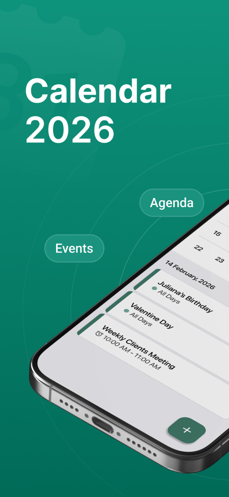 Calendar 2026 app interface showing daily agenda and scheduled events