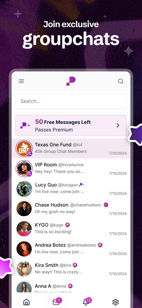Passes - A mobile app interface for Passes showing a list of exclusive group chats and messages with famous creators like KYGO and Chase Hudson