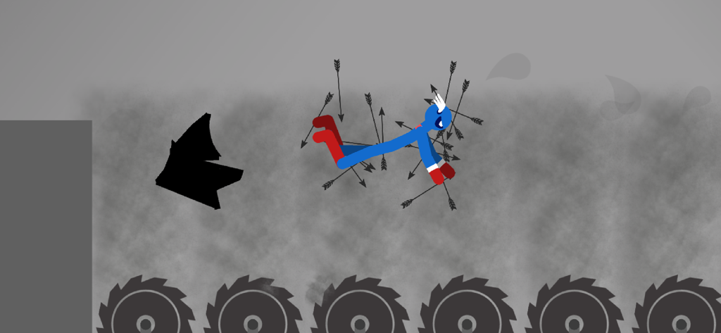 물리 시뮬레이션에서 회전톱 날 위로 떨어지면서 화살에 맞는 파란색 스틱맨 캐릭터