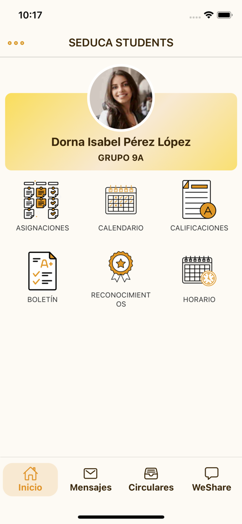 SEDUCA - Students - Dashboard of the SEDUCA Students app featuring student profile and icons for assignments grades and academic schedule in Spanish
