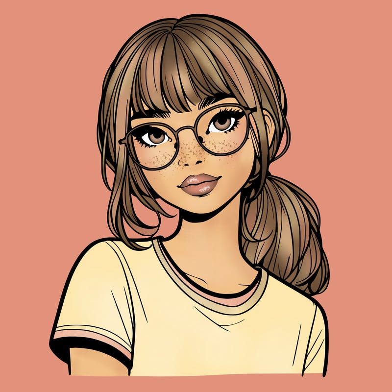 realistic girl with freckles and clear glasses