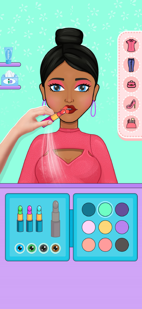 Paper Doll: Doll Dress Up Game - A cartoon doll receiving a makeup makeover with red lipstick in a fashion dress up game