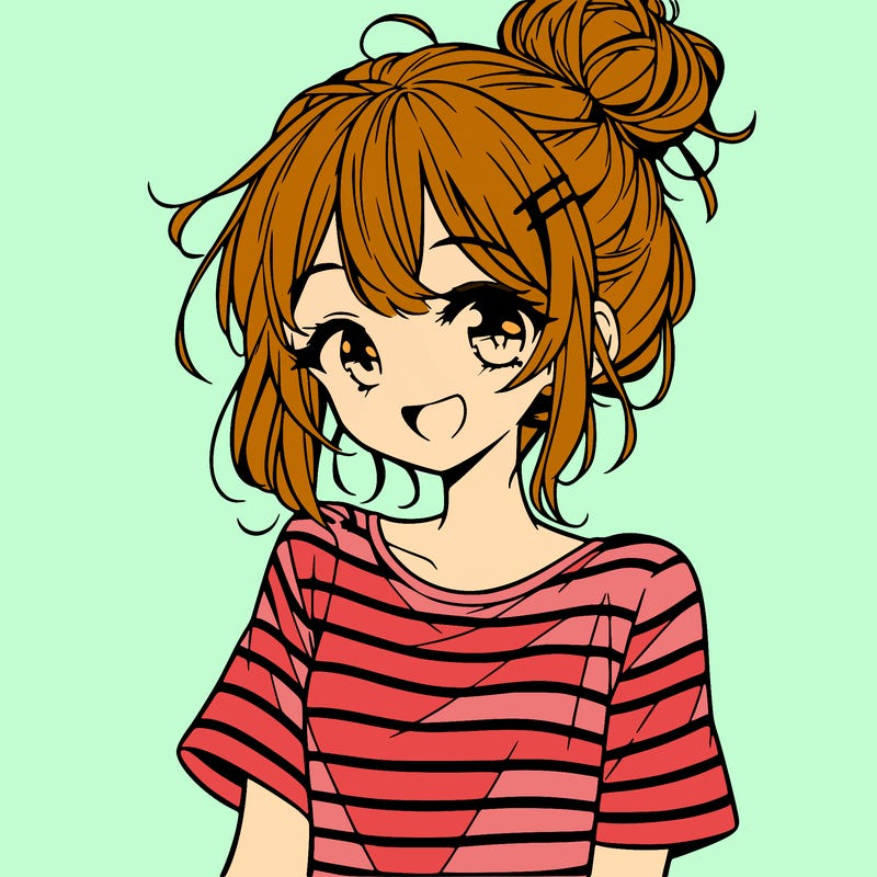 anime girl teenager striped shirt and smile and messy bun