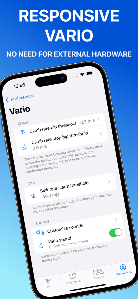 Paragliding Tracker: Wingman - iPhone screen displaying the Vario instrument settings within the Wingman paragliding app including climb and sink rate thresholds