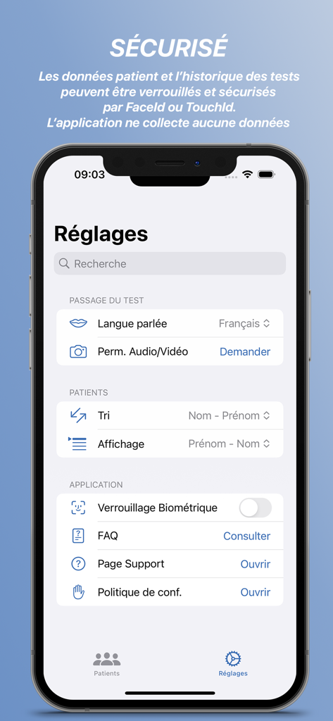 Easy DEM - Easy DEM settings screen with biometric lock options for patient data privacy