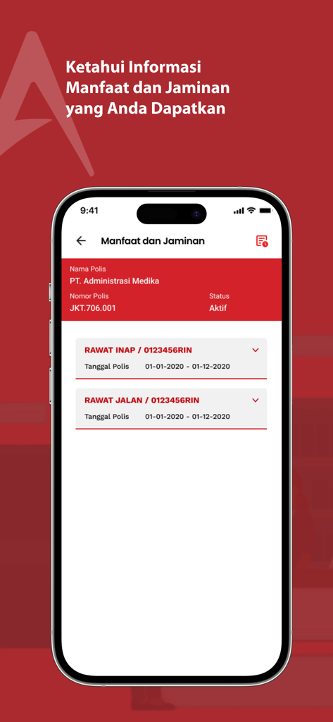 MyAdMedik 앱 인터페이스, iPhone에서 건강 보험 혜택 및 보장 세부 정보 표시