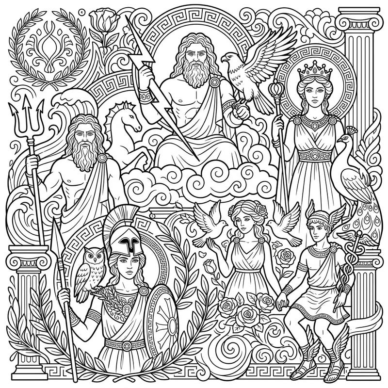 Embark on an epic creative journey with this captivating coloring page featuring the most iconic Greek Gods and Goddesses. Discover the legends of Mount Olympus as you bring these powerful deities to life with your favorite colors.