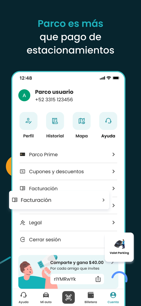 Pantalla de cuenta de usuario de la app de estacionamiento Parco con configuración de perfil y opciones de servicio