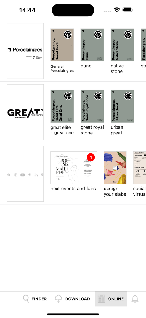 Porcelaingres - Mobile app interface of Porcelaingres showing a digital library of ceramic slab catalogs and design collections