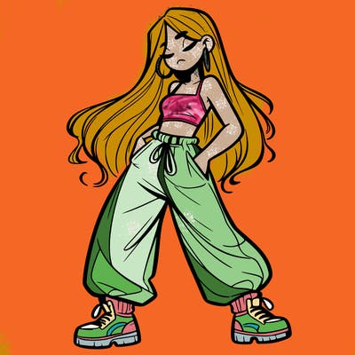 girl in baggy pants crop top and long hair