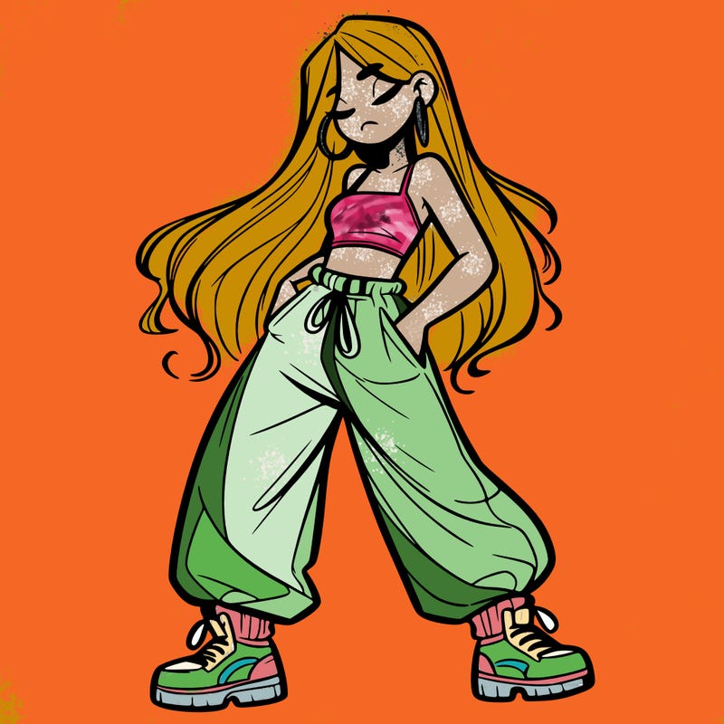 girl in baggy pants crop top and long hair