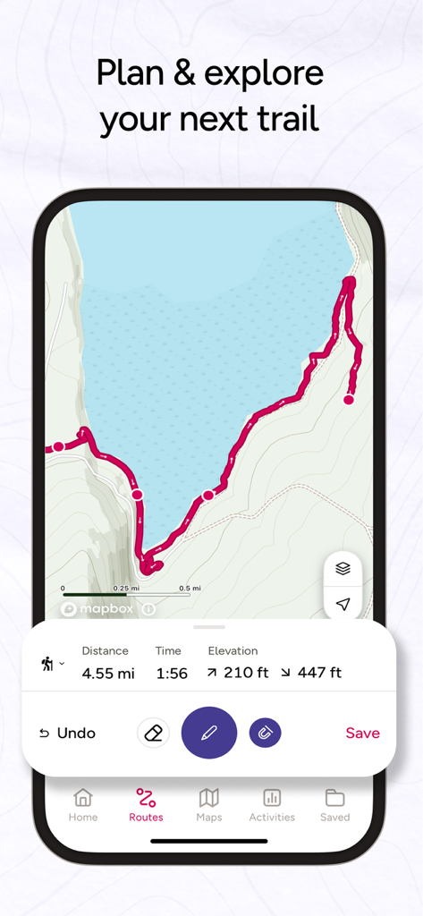 OS Maps: Walk, Hike, Run, Bike - Un smartphone mostrando la interfaz de la aplicación OS Maps con una ruta de senderismo costero planificada que incluye distancia, tiempo y estadísticas de elevación