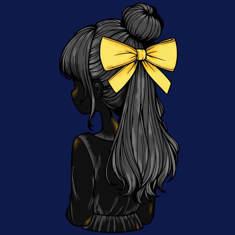 realistic girl  with hip length hair a bun and a big bow on the back of head