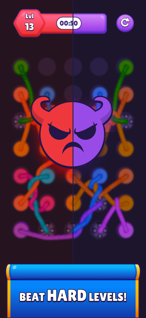 Tangle Masters | گره باز - Tangle Masters gameplay screenshot showing a hard puzzle level with colorful 3D ropes and a devil icon.