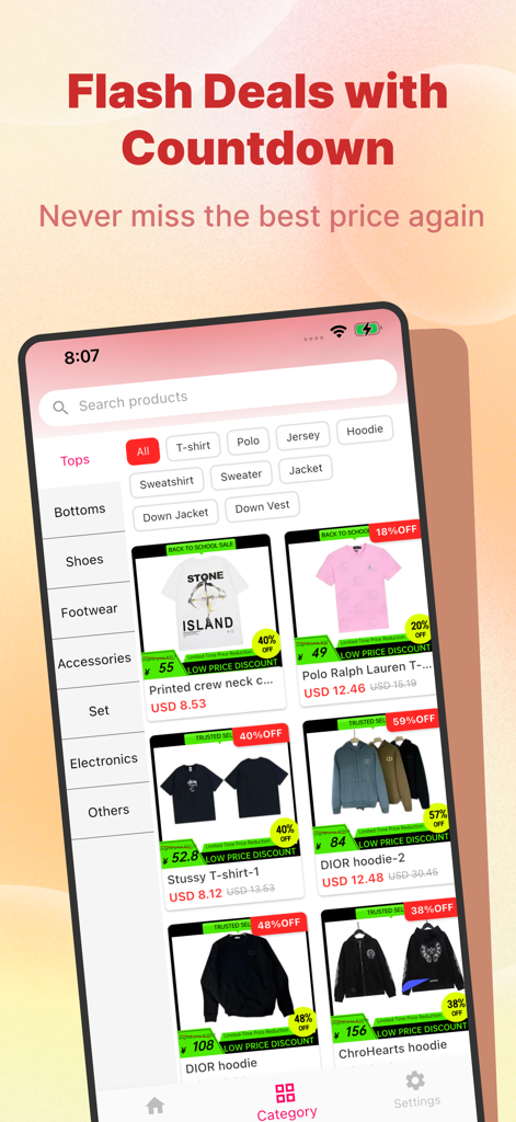 Cnfans Sheets - Pantalla móvil mostrando ofertas flash en artículos de streetwear como sudaderas con capucha Dior y camisetas Stussy con precios de descuento.