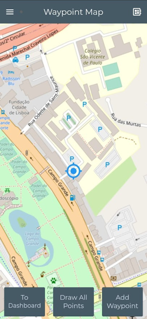 GPS Waypoints Lite - Interfaz de mapa de GPS Waypoints Lite que muestra marcadores de ubicación y herramientas de topografía