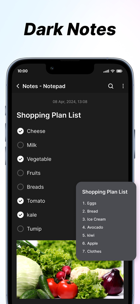 Notepad ++ - Interfaz de la aplicación Notepad plus plus que muestra una lista de compras en modo oscuro con casillas de verificación y una imagen de verduras