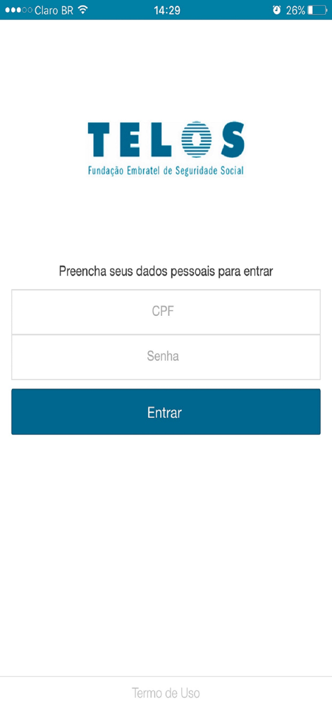 Fundação Telos - Tela de login do aplicativo de gerenciamento de pensão Fundacao Telos mostrando campos de CPF e senha
