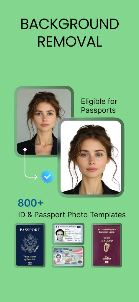 App screen showing AI background removal for passport photos and 800 plus templates for international identification documents.