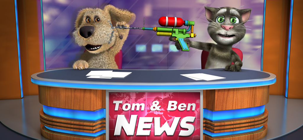 Talking Tom spraying Talking Ben with a water gun behind a TV news desk