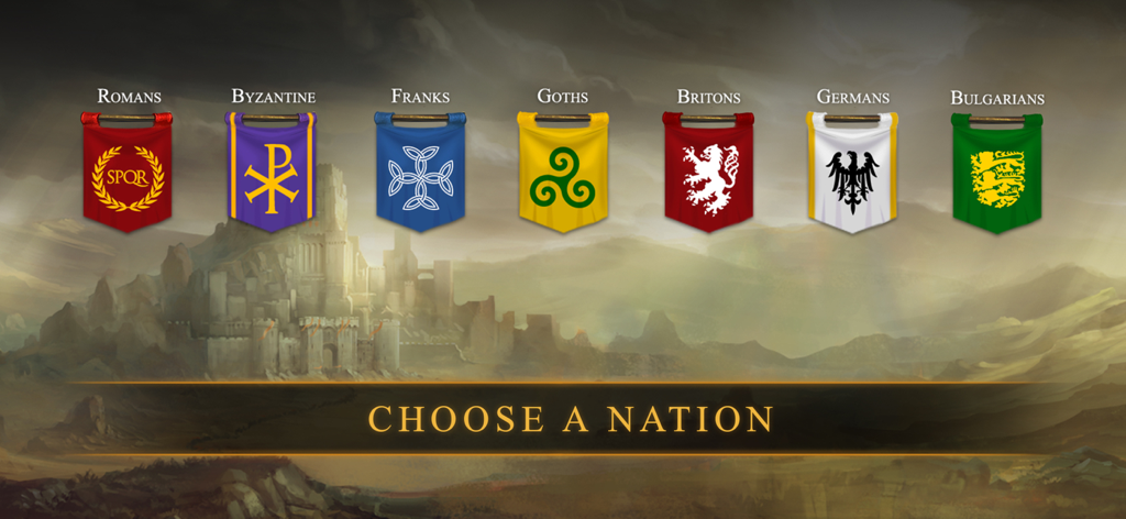 Nation selection screen in Khan Wars showing medieval banners for Romans Franks and Goths