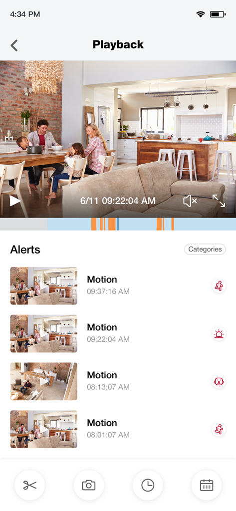 meShare app playback screen displaying video footage of a family and a history of motion detection alerts with timestamps
