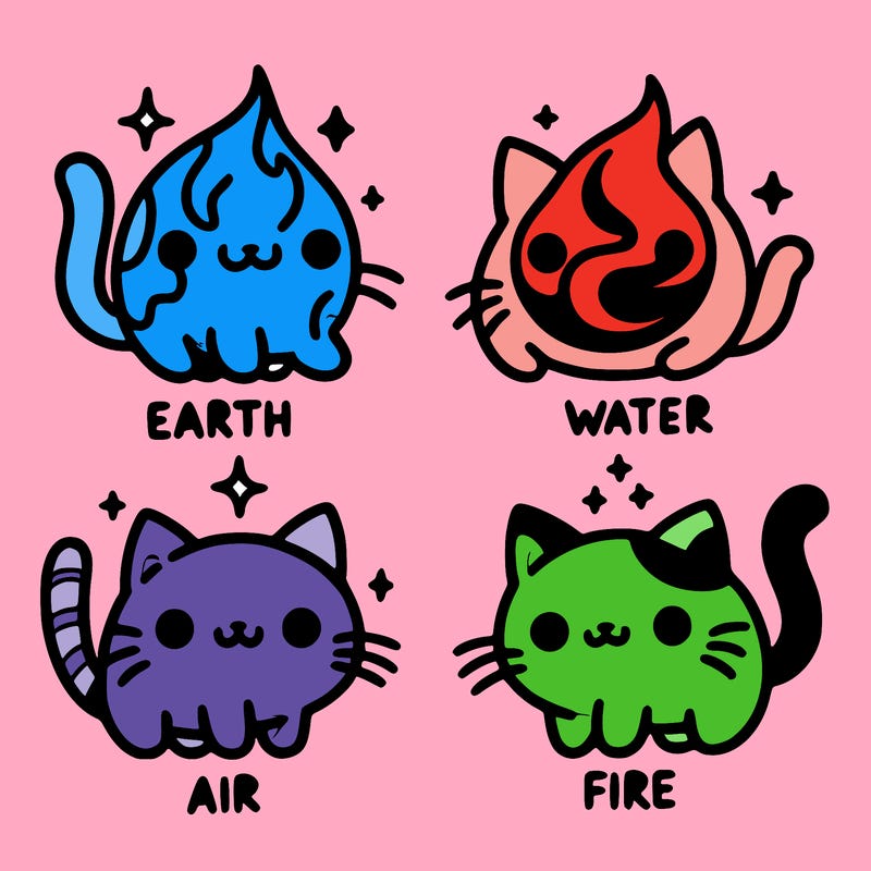 4 cats that represent the different elements, earth, water, air, and fire
