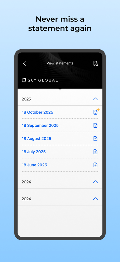 A mobile interface from the Latitude App showing a list of monthly digital statements for a credit card account