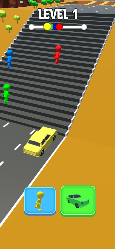 Car Shape Funny Transform Race - Captura de tela da jogabilidade de Car Shape Funny Transform Race mostrando um carro amarelo e bonecos em uma escada