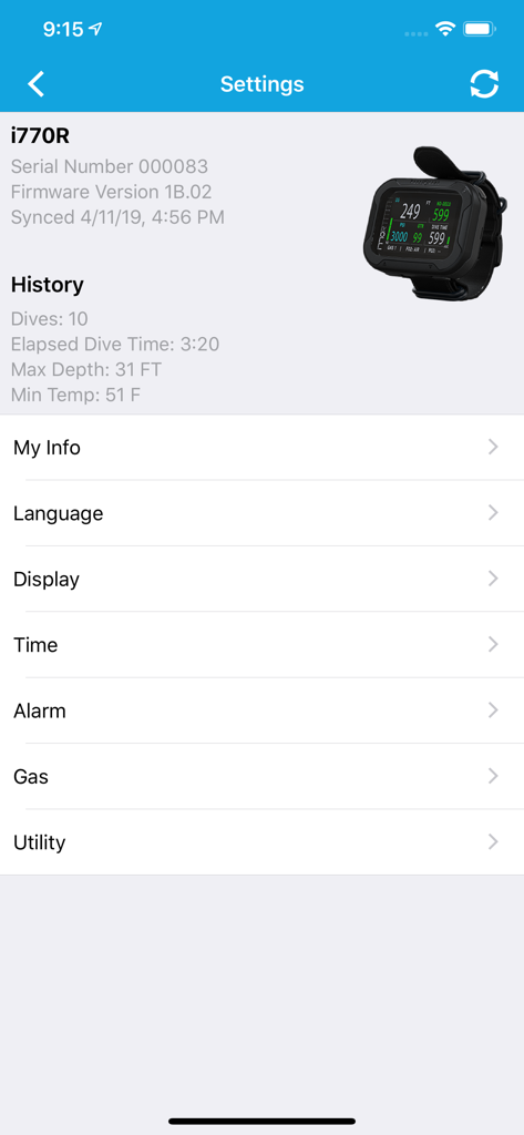 DiverLog plus app settings screen showing sync status and history for an i770R dive computer
