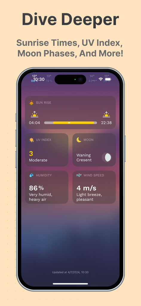 Peek Weather - Rain Forecast - 일출 시간, 자외선 지수 및 달 위상 정보를 보여주는 인터페이스