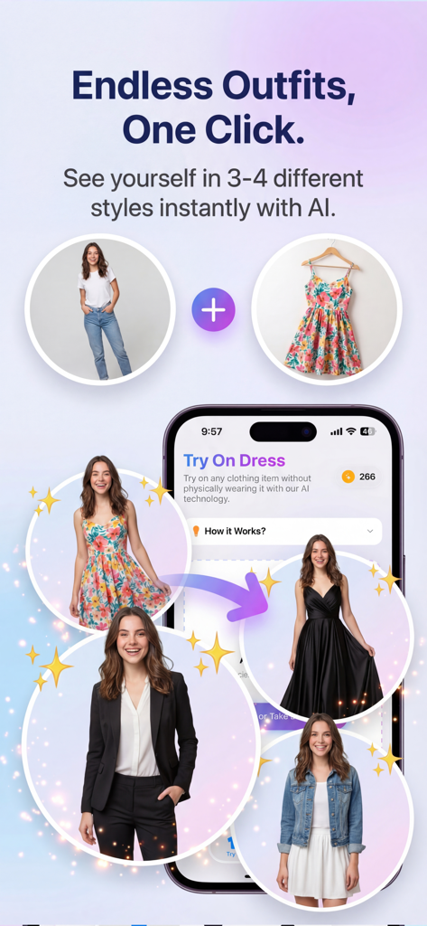 Try On: AI Clothes Changer - A mobile app interface demonstrating AI-powered virtual clothing try-on for different fashion styles.