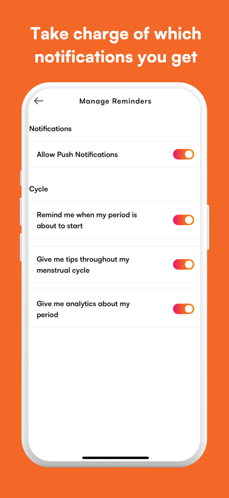 Ein mobiler App-Bildschirm mit Optionen zur Verwaltung von Periodenerinnerungen und Benachrichtigungen für Zyklustipps und Analysen.