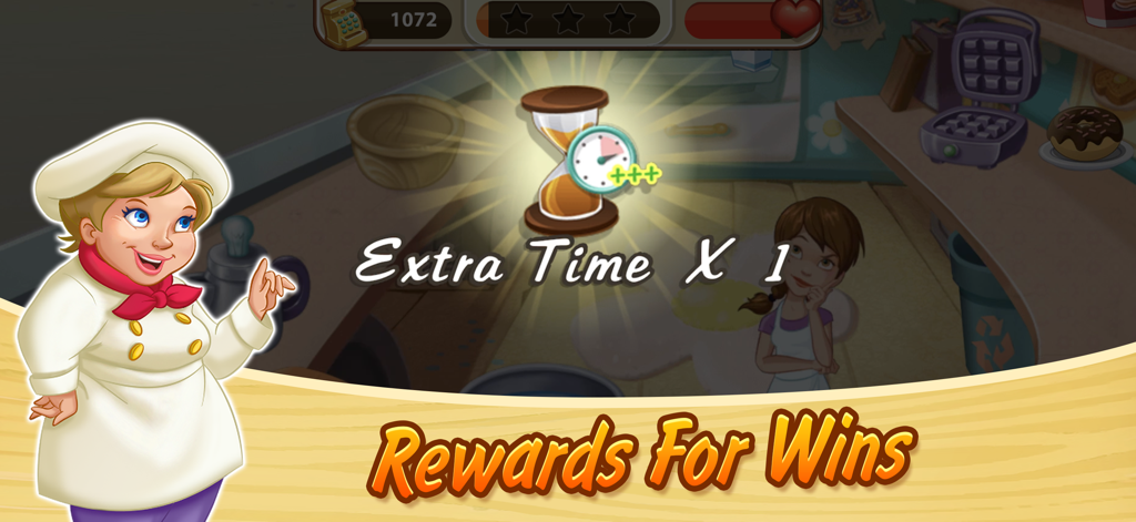 Kitchen Scramble: Cooking Game - Chef Pepper presenting an extra time power-up reward in Kitchen Scramble