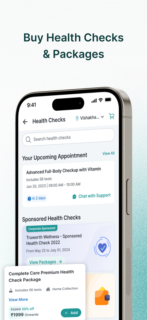 The Wellness Corner - The Wellness Corner mobile app screen for buying and managing corporate sponsored health check packages and appointments.