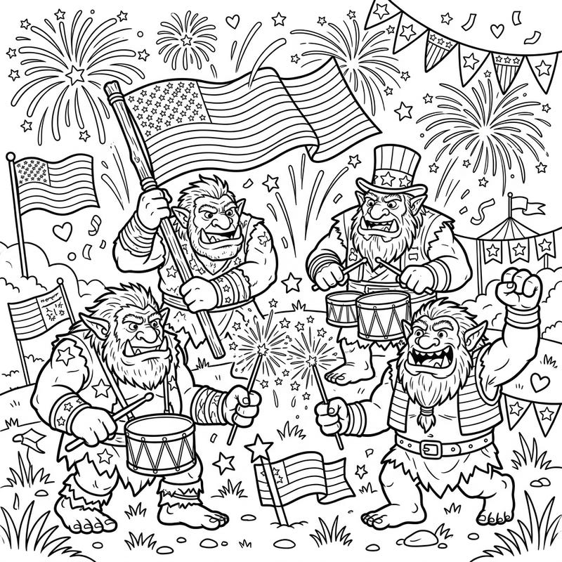 Get ready for a one-of-a-kind Independence Day celebration with this lively coloring page! Join a group of festive trolls as they parade with flags, sparklers, and drums, bringing a unique twist to patriotic festivities.