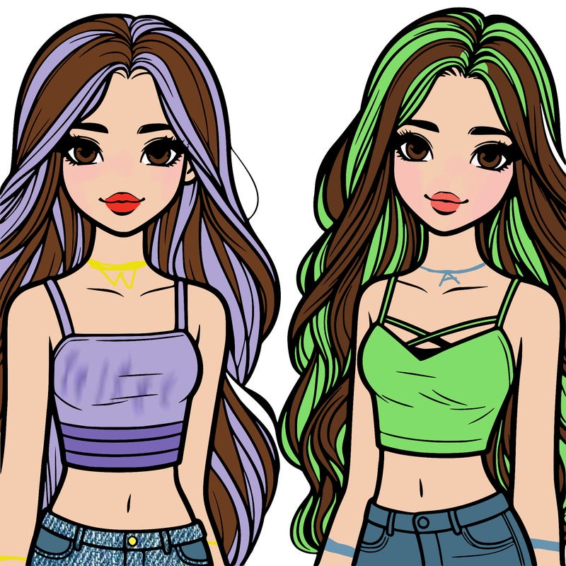 teenage girls with really long hair and wearing crop tops