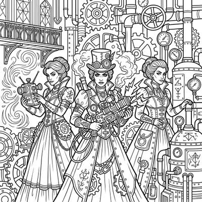 Step into a world where dark magic meets industrial elegance with this captivating Steampunk Evil Witches coloring page. Explore intricate designs featuring powerful sorceresses, gears, and arcane contraptions, ready for your artistic touch.