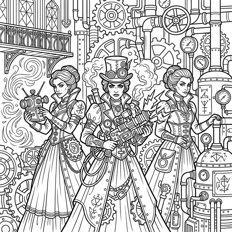 Step into a world where dark magic meets industrial elegance with this captivating Steampunk Evil Witches coloring page. Explore intricate designs featuring powerful sorceresses, gears, and arcane contraptions, ready for your artistic touch.