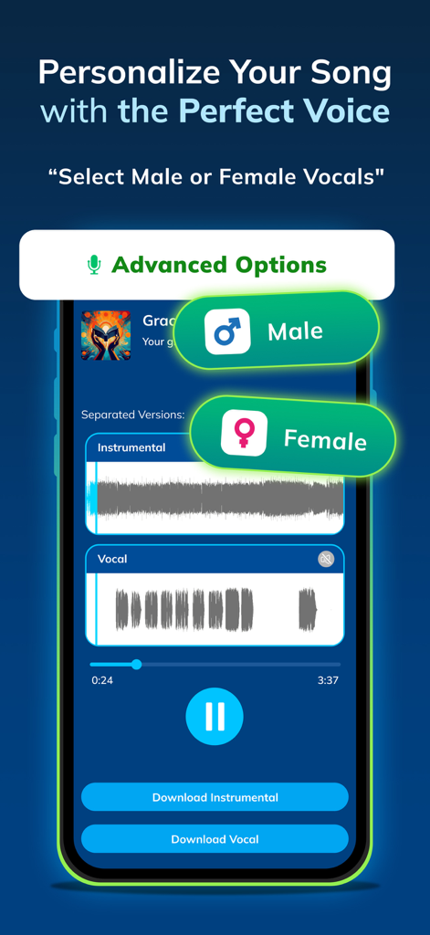 Christian Song Maker: AI Music - User interface showing AI vocal selection and track separation options