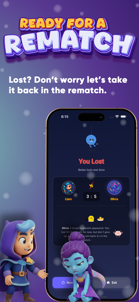 Rematch screen in Word FaceOff app showing a match result between Liam and Olivia with a prompt to play again.