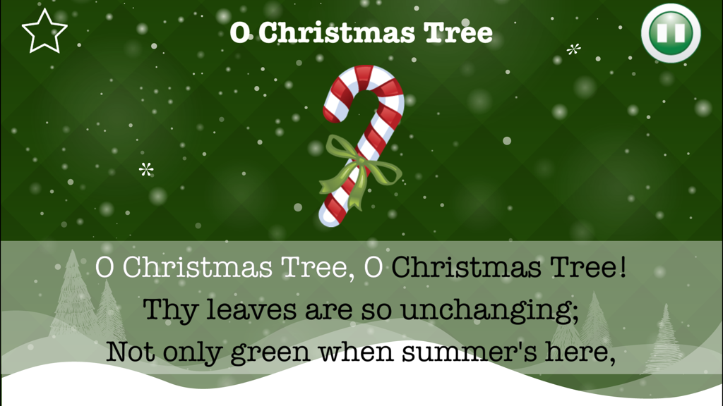 Sing Along Christmas Carols - Una pantalla de karaoke de la aplicación Cánticos Navideños que muestra la letra de O Christmas Tree