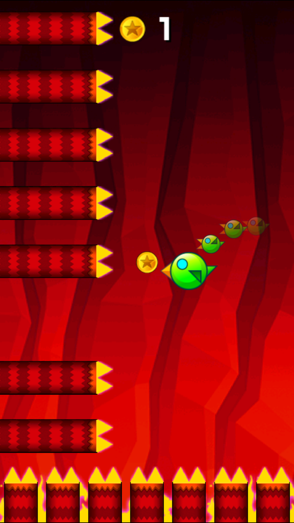 Geometry Pocket Mouse - Electric Pet Go Avoid Color Stack - Personaje de pájaro verde volando entre pilares rojos con pinchos en un juego de desplazamiento lateral