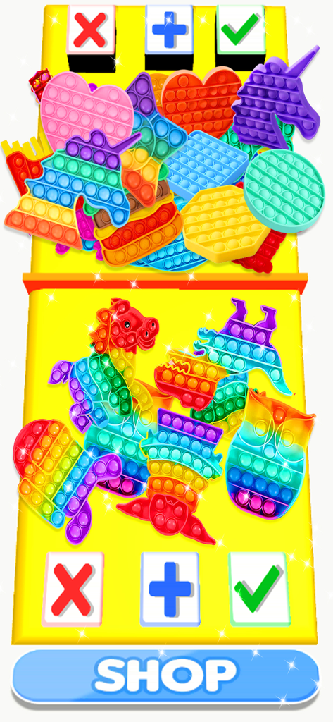 A gameplay screen from Fidget Trading Pop-it 3d showing two players trading various colorful 3D pop-it toys on a yellow board.